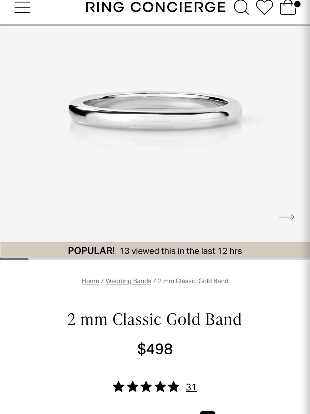Ring Concierge 14k solid White Gold 2mm Classic Band